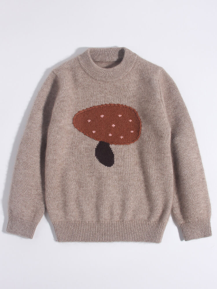 Kids Cozy Brown Mushroom Knit Cashmere Pullover Sweater